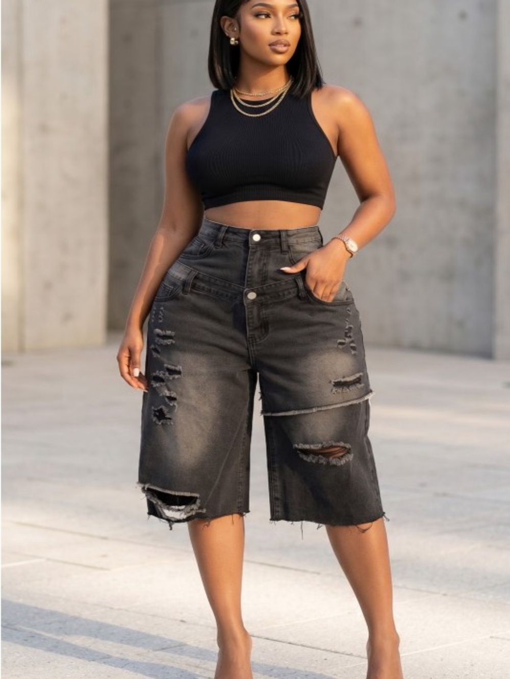 Black Ribbed Crop Tank and Distressed Black Denim Bermuda Shorts